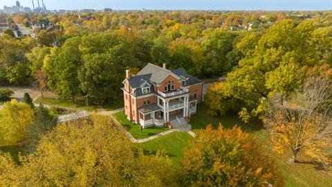 Aerial photo of Turner-Dodge mansion during the fall